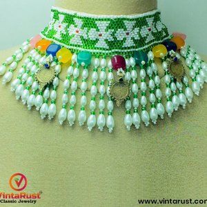 Green and White Beaded and Pearls Choker Necklace With Vintage Coins